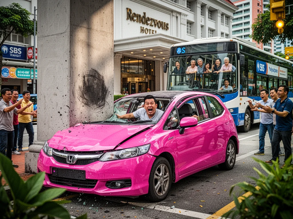 Singapore Slurp: Pink Honda Sinkie Makes Violent Rendezvous With Hotel Pillar